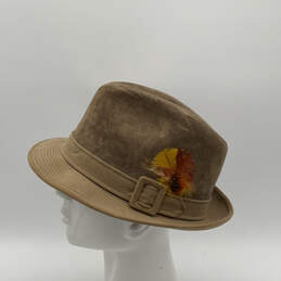 Mens Beige Genuine Suede Leather Feather Belted Fedora Hat Size 7.5 M