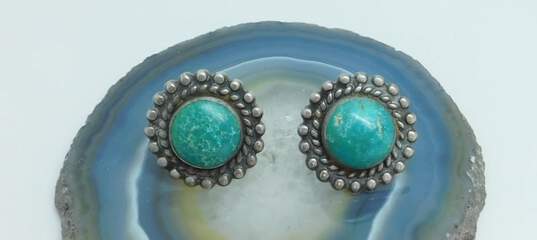 Artisan 925 Southwestern Turquoise Cabochon Dotted Circle Screw Back & Rectangle Drop Earrings Variety 17.8g image number 2