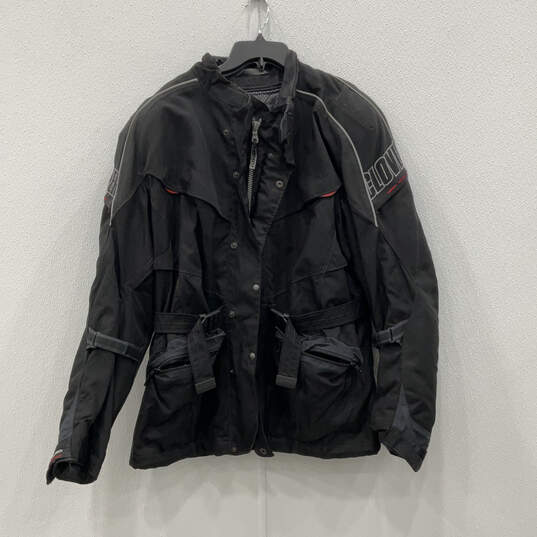 Mens Black Long Sleeve Pockets Bleted Full-Zip Motorcycle Jacket Size 3XL image number 1