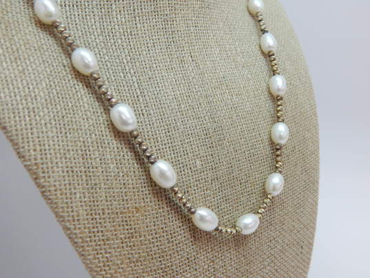 Artisan 925 Sandblasted Omega Wide Braided Herringbone Chain & White Pearls & Etched Ball Beaded Necklaces Variety 60.2g image number 3