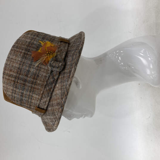 Womens Brown Gray Flower Plaid Round Belted Brim Fedora Hat Size 7 3/8 image number 3