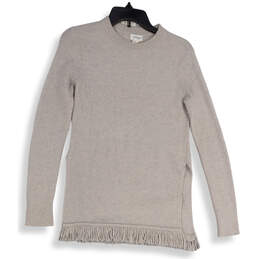 Womens Gray Knitted Fringe Crew Neck Long Sleeve Tunic Sweater Size XS