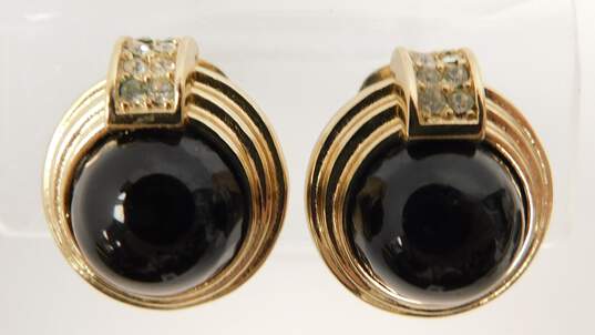 VTG Christian Dior Goldtone Faux Onyx Cabochon & Rhinestones Clip On Earrings image number 2