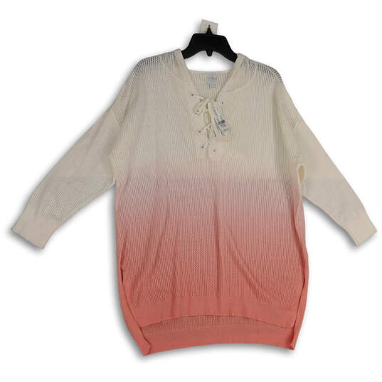 NWT Womens White Red Lace-Up Neck 3/4 Sleeve Hooded Pullover Sweater Sz XL image number 1