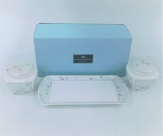 Hankook Chinaware 5 Piece Set White Floral Tray & Jars IOB image number 1