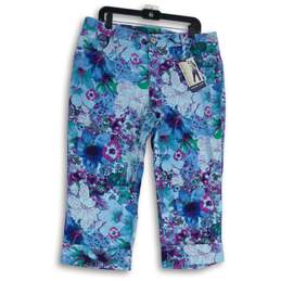 NWT Bandolino Womens Blue Purple Floral 5-Pocket Design Capri Jeans Size 0