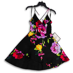 NWT Womens Black Floral Spaghetti Strap V-Neck Fit & Flare Dress Size 3