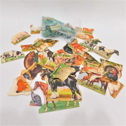 Vintage Die Cut Cardboard Farm Animal Toys W/ Wood Stands image number 1
