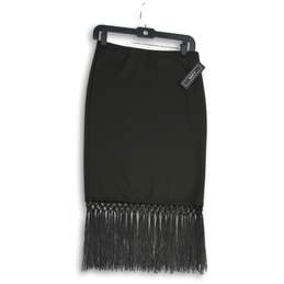 NWT A. Byer Womens Black Fringe Hem Pull-On Straight & Pencil Skirt Size M