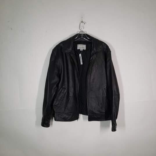 Mens Leather Long Sleeve Pockets Collared Full-Zip Motorcycle Jacket Size Medium image number 1