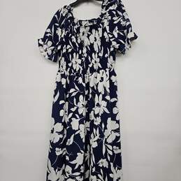 Blue and White Floral Print Puff Sleeve Front Ruffle Dress