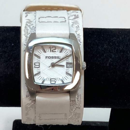 Designer Fossil BAW JR-9909 Silver-Tone White Leather Strap Analog Wristwatch image number 1