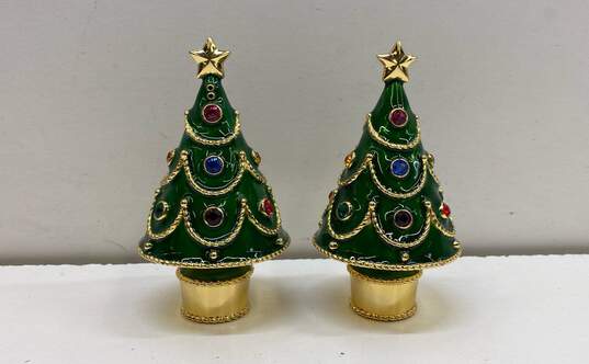 Neiman Marcus Enamel Set of 2 Holiday Salt and Pepper Christmas Tree Shakers image number 1
