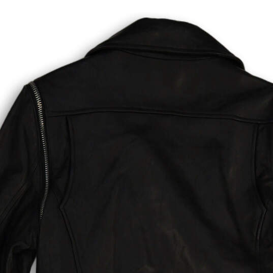 Womens Black Leather Long Sleeve Asymmetrical Zip Motorcycle Jacket Size M image number 4