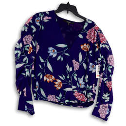 NWT Womens Blue Floral Wrap V-Neck Long Sleeve Pullover Blouse Top Size L