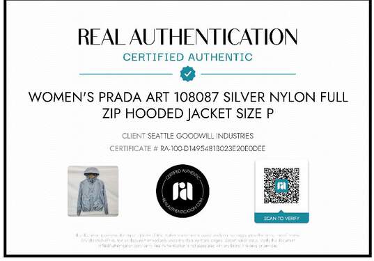 Women's Prada Art 108087 Silver Nylon Full Zip Hooded Jacket Size P image number 7