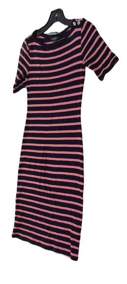 Women's Pink And Black Striped Short Sleeve Midi Sheath Dress Size XS