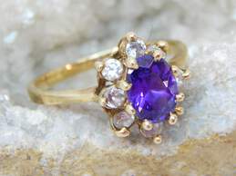 14K Yellow Gold Purple & Clear Cubic Zirconia Oval Cluster Ring 3.6g