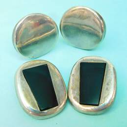 Taxco 925 Modernist Black Glass Geometric Oval & Concave Circle Clip On Earrings