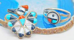 Artisan Zuni 925 Southwestern Bird Turquoise Coral Mother of Pearl & Onyx Inlay Pendant Brooch & Sunface Ring 5.6g