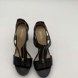Womens Black Leather Open Toe Front Zip Block Platform Heels Size 7.5