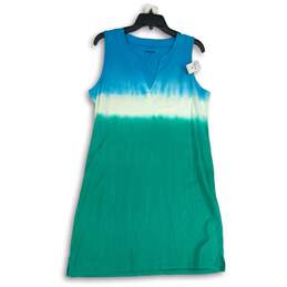 NWT Womens Blue Green Colorblock Split Neck Sleeveless Shift Dress Size 10/12