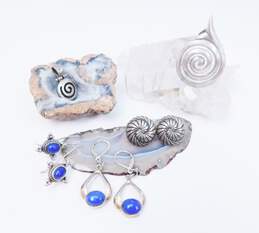 Artisan 925 Teardrop & Spiral Pendants Necklace & Lapis Lazuli Cabochon Granulated Drop & Swirl Knot Post Earrings 33.1g