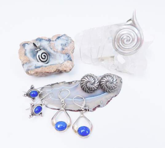 Artisan 925 Teardrop & Spiral Pendants Necklace & Lapis Lazuli Cabochon Granulated Drop & Swirl Knot Post Earrings 33.1g image number 1