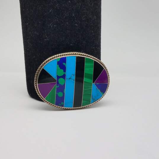 CII Mexico Sterling Silver Assorted Gemstone Inlay 44.9mm Brooch Pendant image number 4