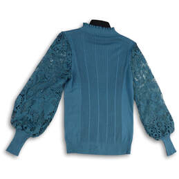 Womens Blue Knitted Mock Neck Lace Long Sleeve  Pullover Blouse Top Size S alternative image