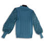 Womens Blue Knitted Mock Neck Lace Long Sleeve  Pullover Blouse Top Size S image number 2