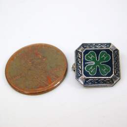 Vintage 925 Onyx G Monogram Initial Lattice Textured Ring & Enamel Four Leaf Clover Square Pin 11.6g