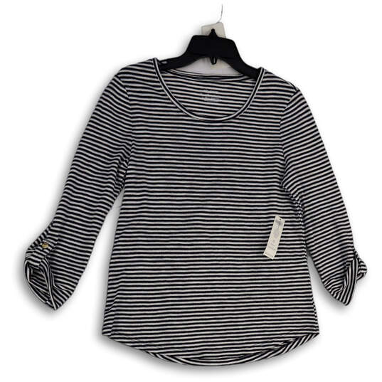 NWT Womens Black White Striped Roll Tab Sleeve Pullover Blouse Top Size 0 image number 1