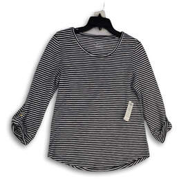 NWT Womens Black White Striped Roll Tab Sleeve Pullover Blouse Top Size 0