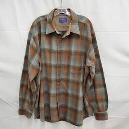 Pendleton MN's Wool Plaid Flannel Brown & Green Shirt With Suede Elbow Patches  Size XXL