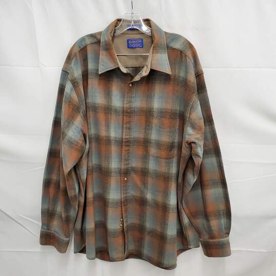 Pendleton MN's Wool Plaid Flannel Brown & Green Shirt With Suede Elbow Patches  Size XXL image number 1