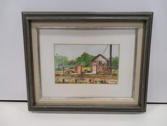 Framed Don Morris Water Painting of a Vintage Gas Station image number 1
