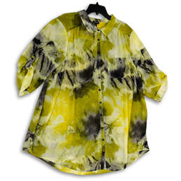 Womens Yellow Black Tie-Dye Roll Tab Sleeve Collared Button-Up Shirt Size 3