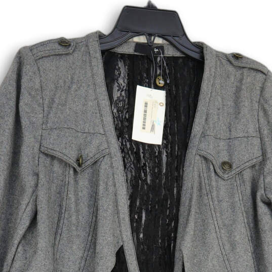 NWT Womens Gray Black Asymmetrical Lace Embellished Open Front Jacket Sz L image number 3