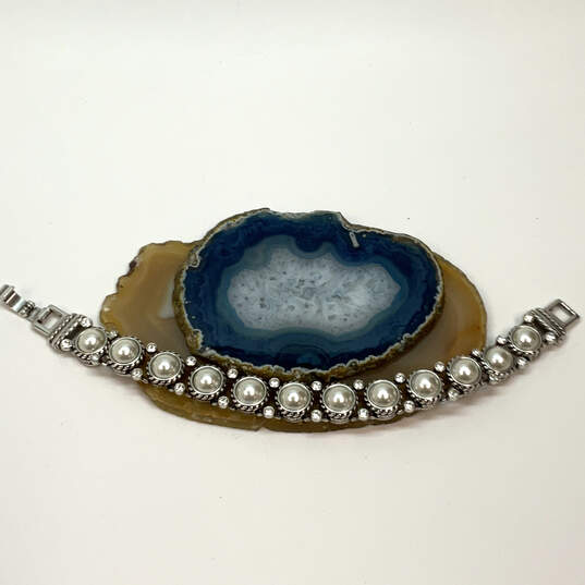 Designer Brighton Silver-Tone Rhinestone Pearl Beaded Chain Bracelet image number 1
