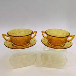 Indiana Glass Daisy Amber Berry Dessert Double Handled Bowls W/ Saucers Set of 2