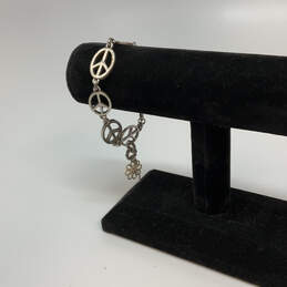 Designer Lucky Brand Silver-Tone Peace Sign Toggle Flower Charm Bracelet