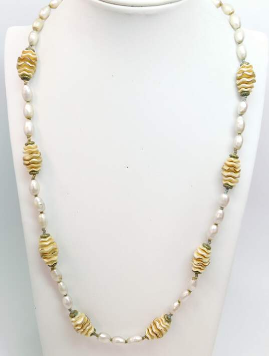 Vintage Miriam Haskell Goldtone Wavy Iridescent Stacked & Faux Pearls Beaded Necklace 43g image number 1