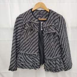 NWT Ann Taylor Tweed Knit Fringe Ruffle Peplum Black & White Stripe Jacket Size 4
