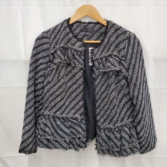 NWT Ann Taylor Tweed Knit Fringe Ruffle Peplum Black & White Stripe Jacket Size 4 image number 1