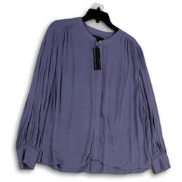 NWT Womens Blue Pleated Balloon Sleeve Button Front Blouse Top Size Large