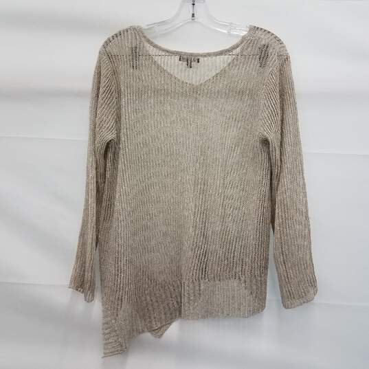 Eileen Fisher Beige V-Neck Linen Cotton Blend Fishnet Sweater Size Medium image number 4