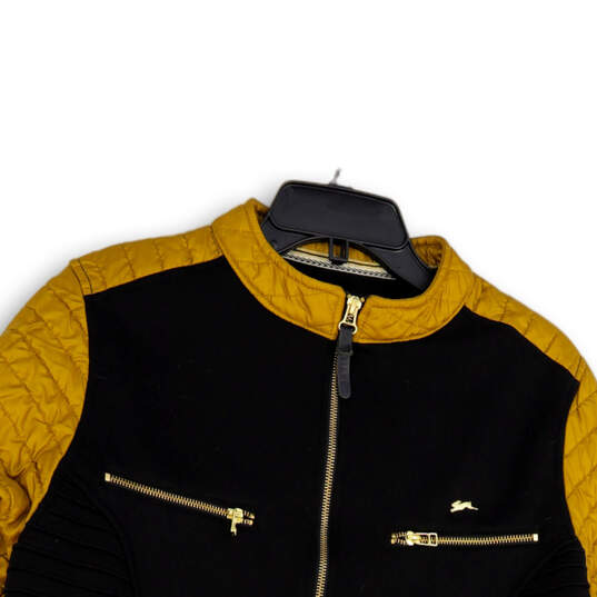 Mens Black Yellow Mock Neck Quilted Long Sleeve Full-Zip Track Jacket Sz M image number 3