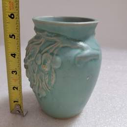 Vintage 1920s Turquoise Cherries Vase Matte Finish Tapered Shape Approx. 6 In. Unmarked Brush Pottery USA alternative image