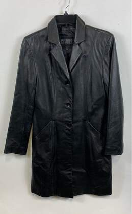 Wilsons Leather Womens Black Leather Notch Collared Long Trench Coat Size Small